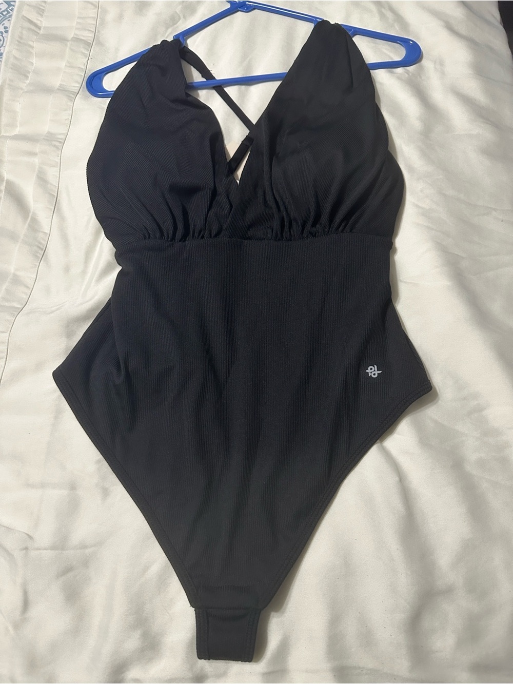 Popilush Poppy Black Ribbed One-Piece bodysuit with Crisscross Back